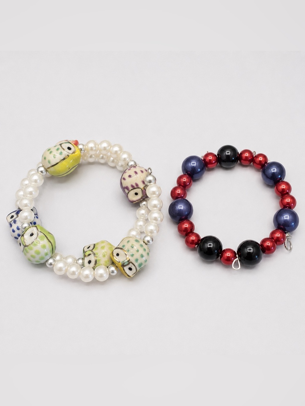 Colorful Owl & Beaded Memory Wire Bracelets – Set of 2